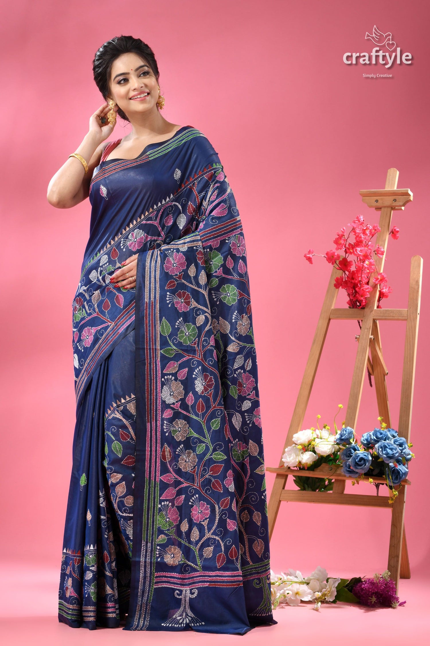 Cataline Blue Hibiscus Theme Kantha Embroidery Silk Sari