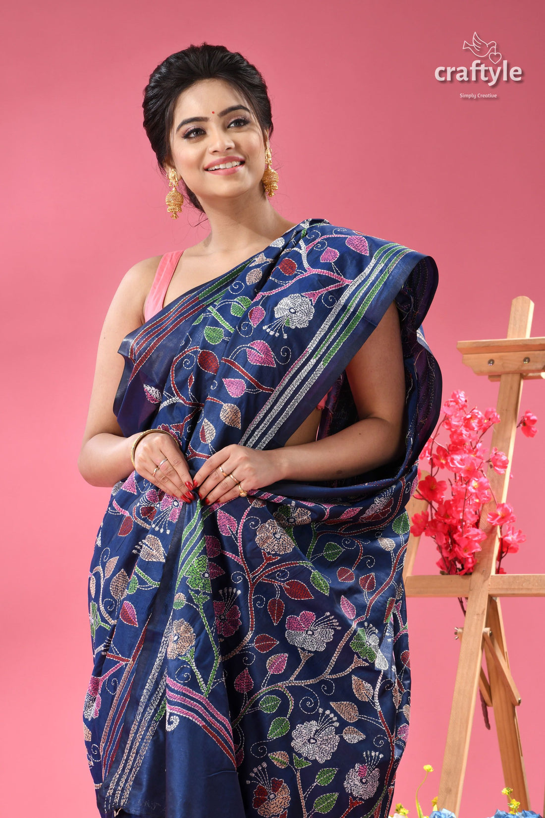 Cataline Blue Hibiscus Theme Kantha Embroidery Silk Sari