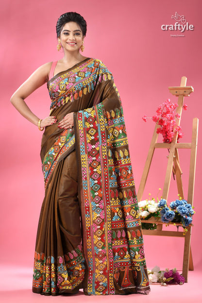 Dark Brown Multi-thread Exclusive Silk Kantha Saree