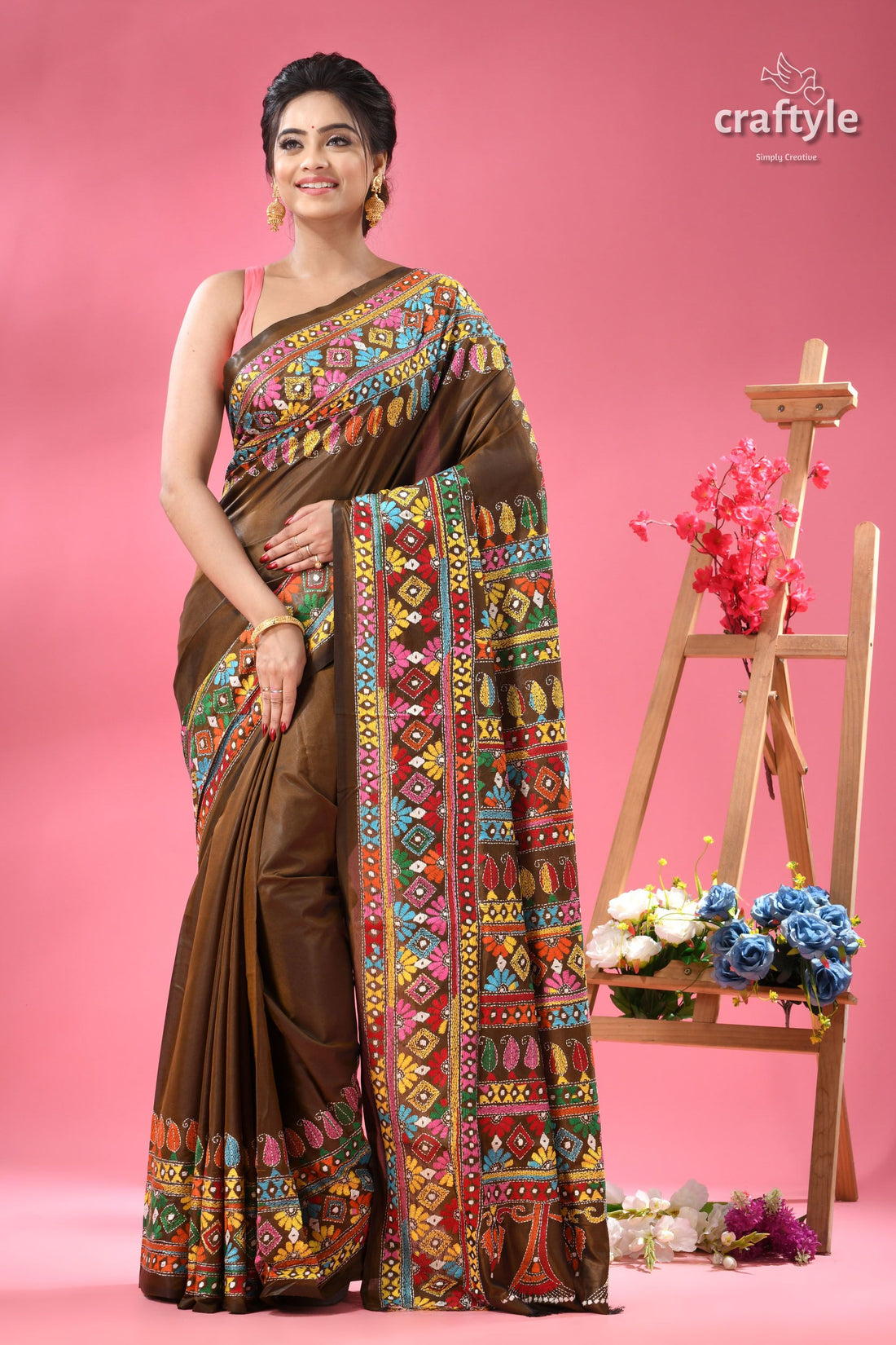 Dark Brown Multi-thread Exclusive Silk Kantha Saree