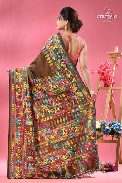 Dark Brown Multi-thread Exclusive Silk Kantha Saree