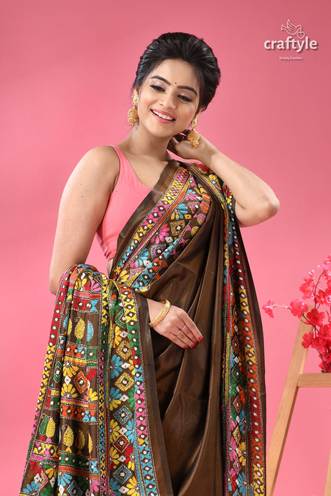 Dark Brown Multi-thread Exclusive Silk Kantha Saree
