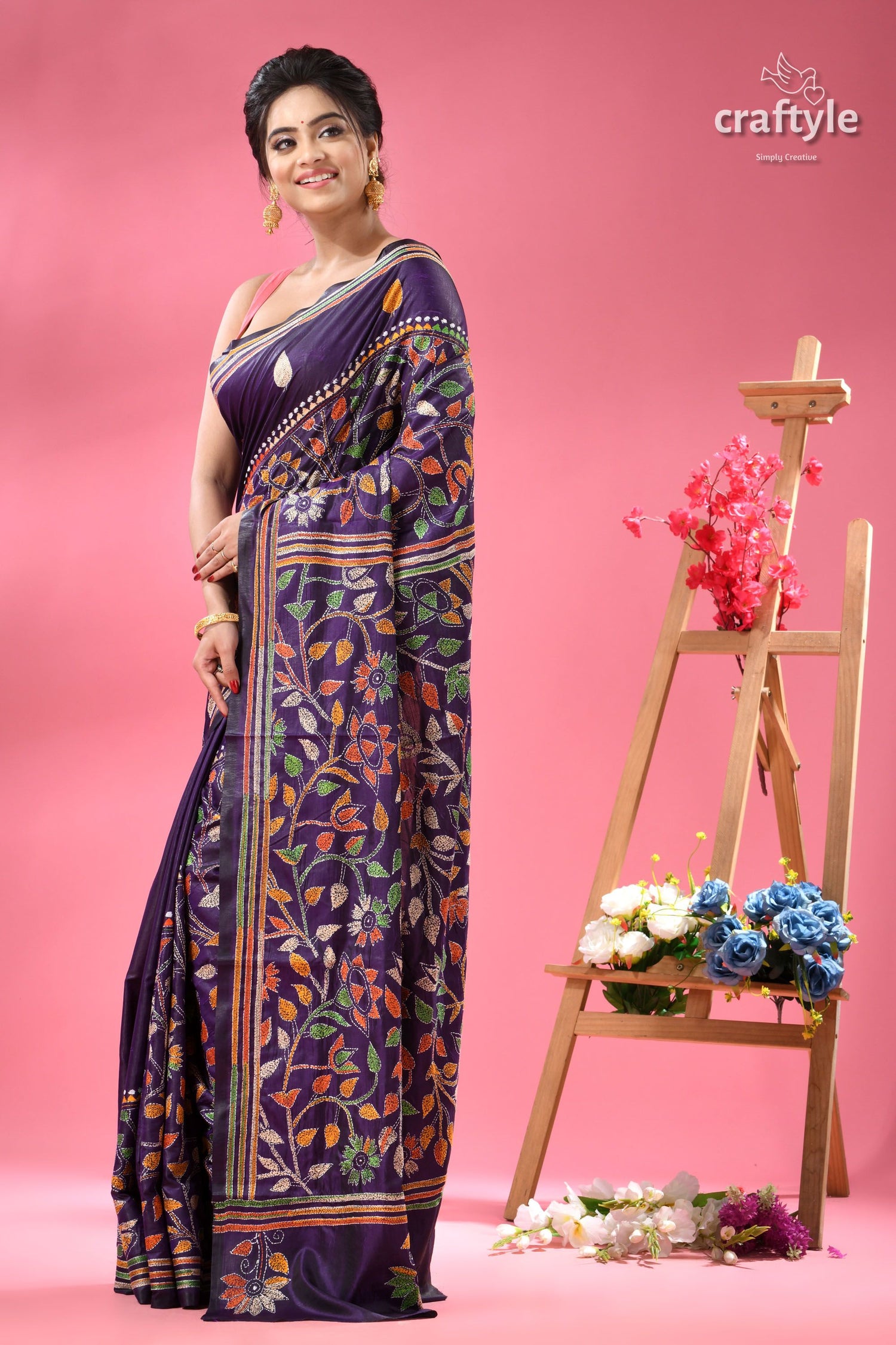 Dark Slate Blue Multi-thread Traditional Silk Kantha Saree