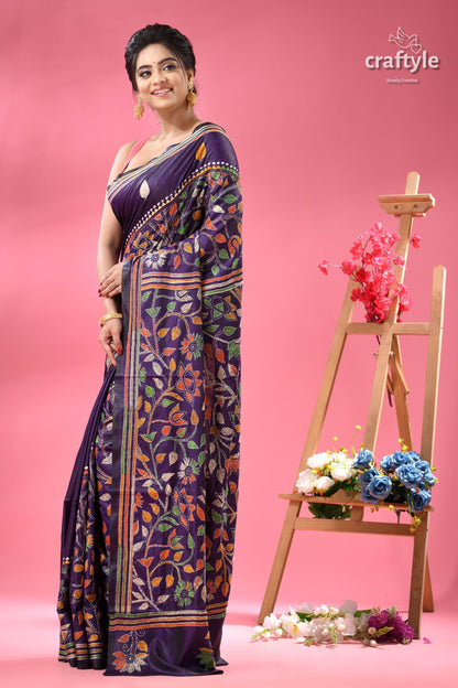 Dark Slate Blue Multi-thread Traditional Silk Kantha Saree