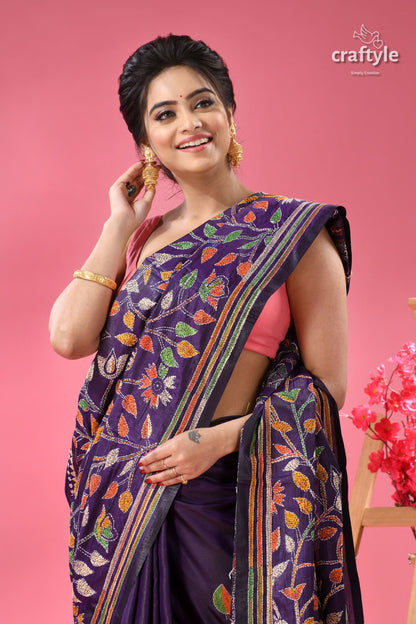 Dark Slate Blue Multi-thread Traditional Silk Kantha Saree