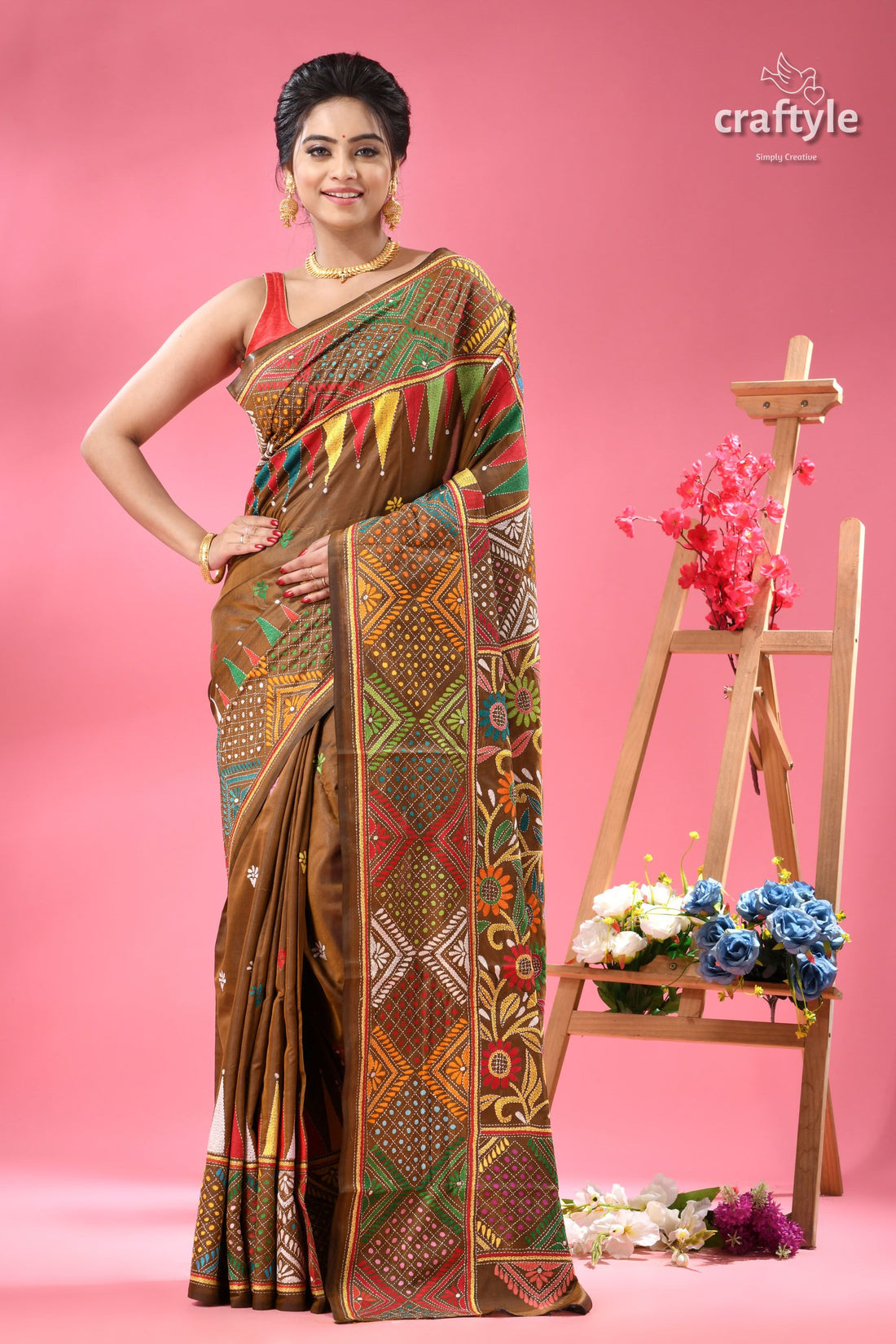 Dark Tan Rainbow Thread Shantiniketan Silk Kantha Saree