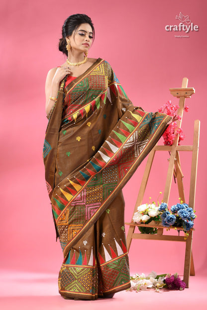 Dark Tan Rainbow Thread Shantiniketan Silk Kantha Saree