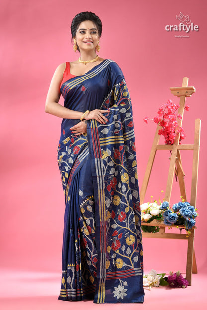 Cobalt Blue Hibiscus Motif Handcrafted Silk Kantha Saree