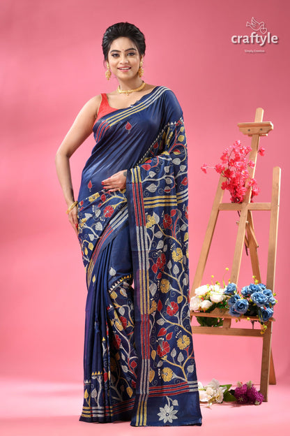 Cobalt Blue Hibiscus Motif Handcrafted Silk Kantha Saree