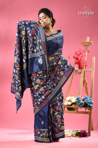 Cobalt Blue Hibiscus Motif Handcrafted Silk Kantha Saree