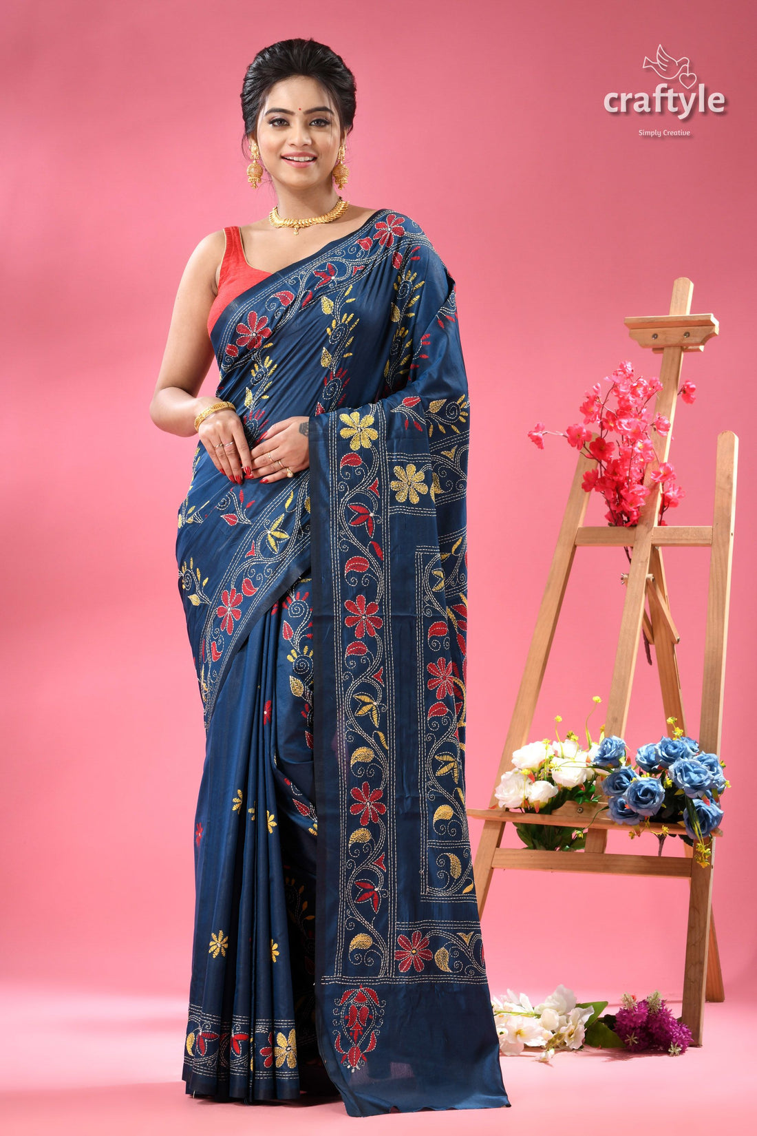 Dark Cerulean Blue Multi-thread Silk Kantha Stitch Saree