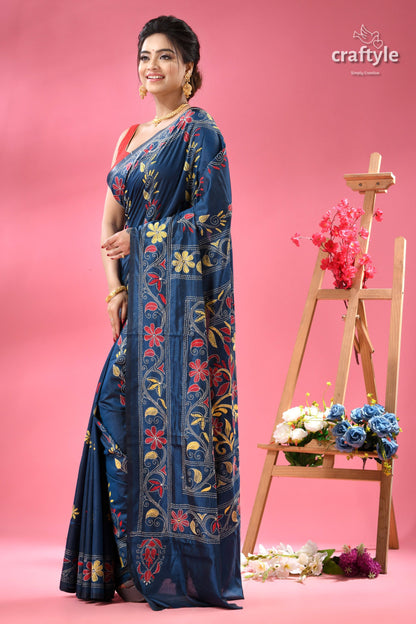 Dark Cerulean Blue Multi-thread Silk Kantha Stitch Saree