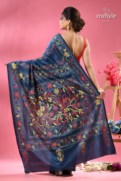 Dark Cerulean Blue Multi-thread Silk Kantha Stitch Saree