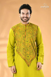 Acid green kantha stitch cotton kurta for men - reverse vibrant lime intricate 2