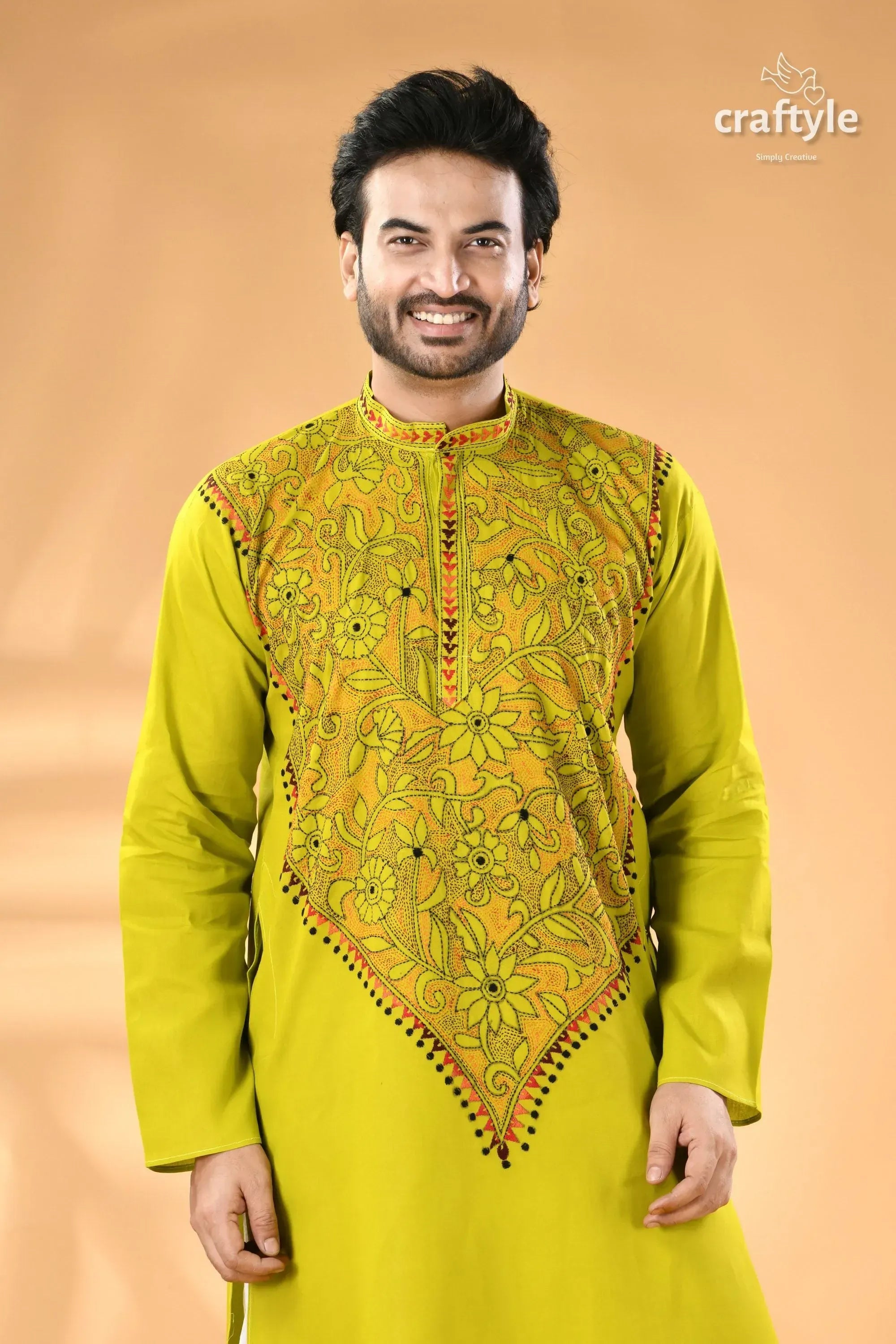 Acid green kantha stitch cotton kurta for men - reverse vibrant lime intricate 2
