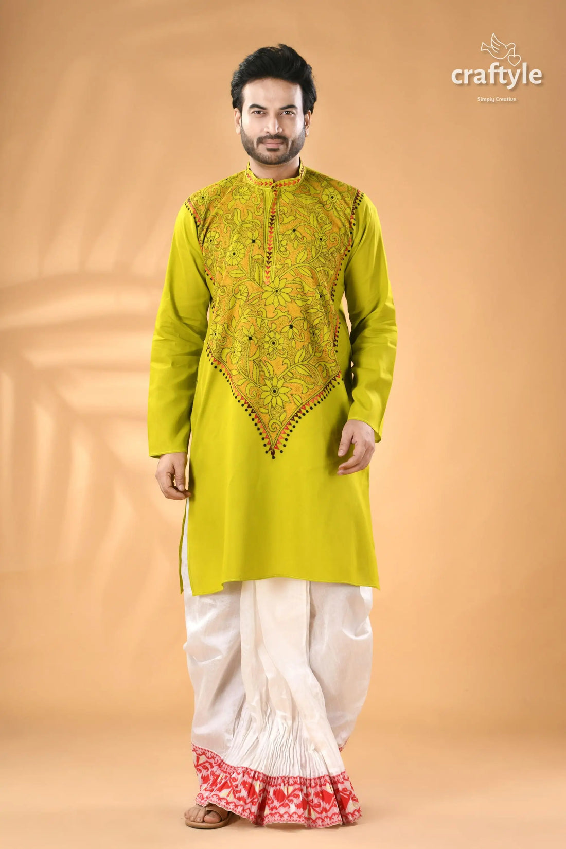 Acid green kantha stitch cotton kurta for men reverse men’s lime green kurta intricate 1