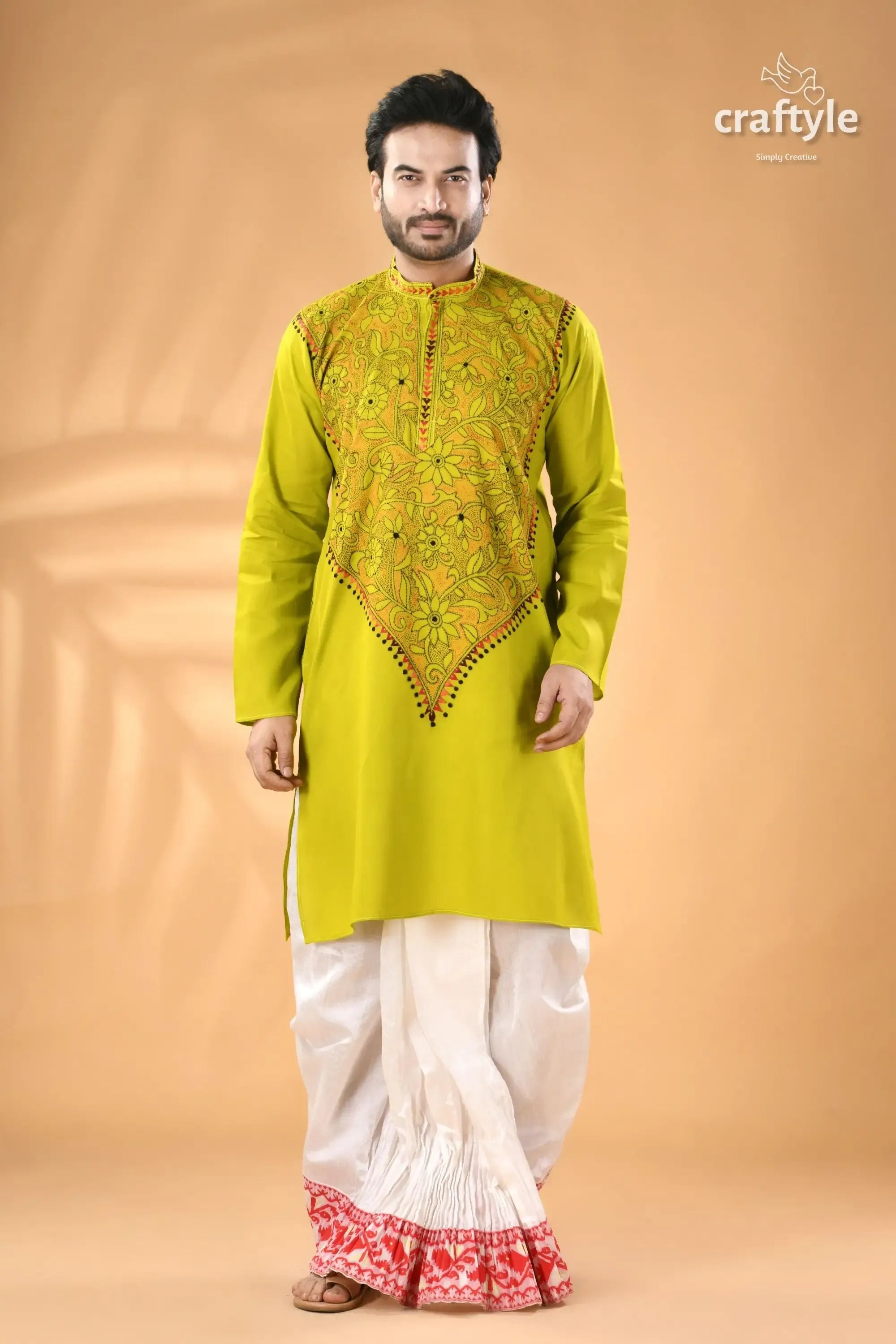 Acid green kantha stitch cotton kurta for men - reverse vibrant lime embroidered 1