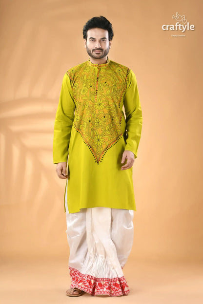 Acid green kantha stitch cotton kurta for men - reverse vibrant lime embroidered 1