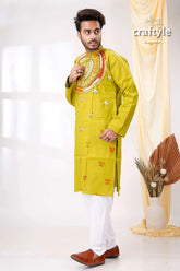 Acid green multicolor thread kantha work cotton kurta for men vibrant lime embroidered 3