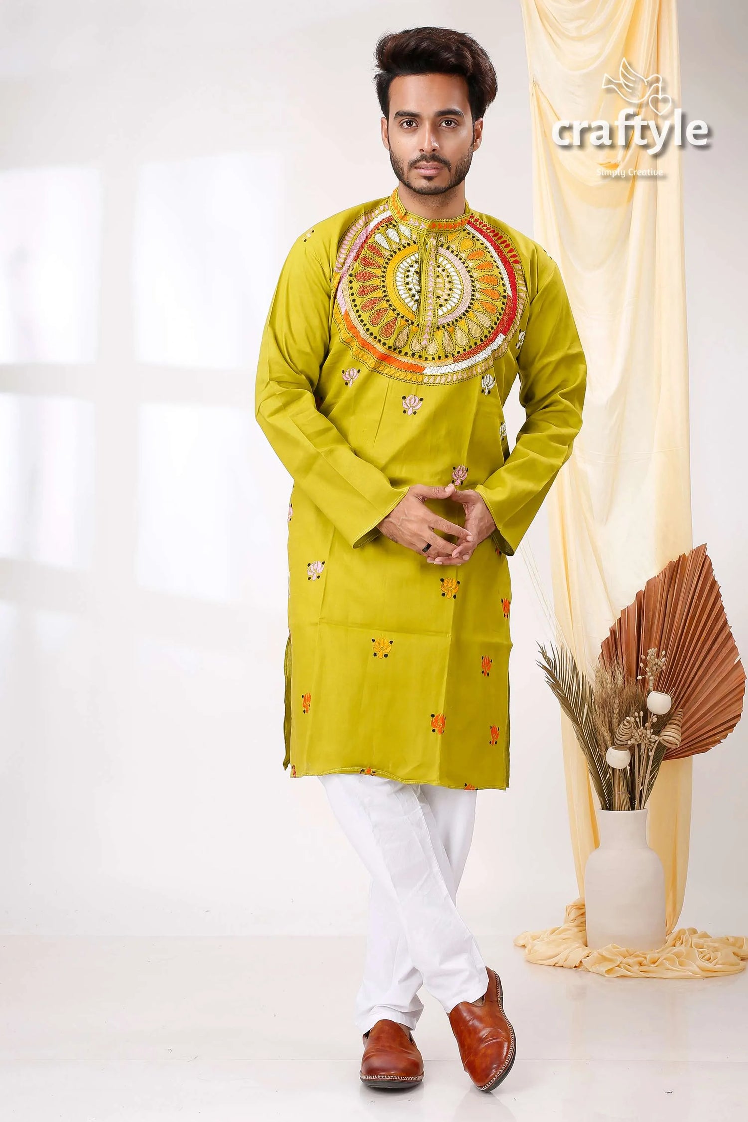 Acid green multicolor thread kantha work cotton kurta for men vibrant lime intricate 1