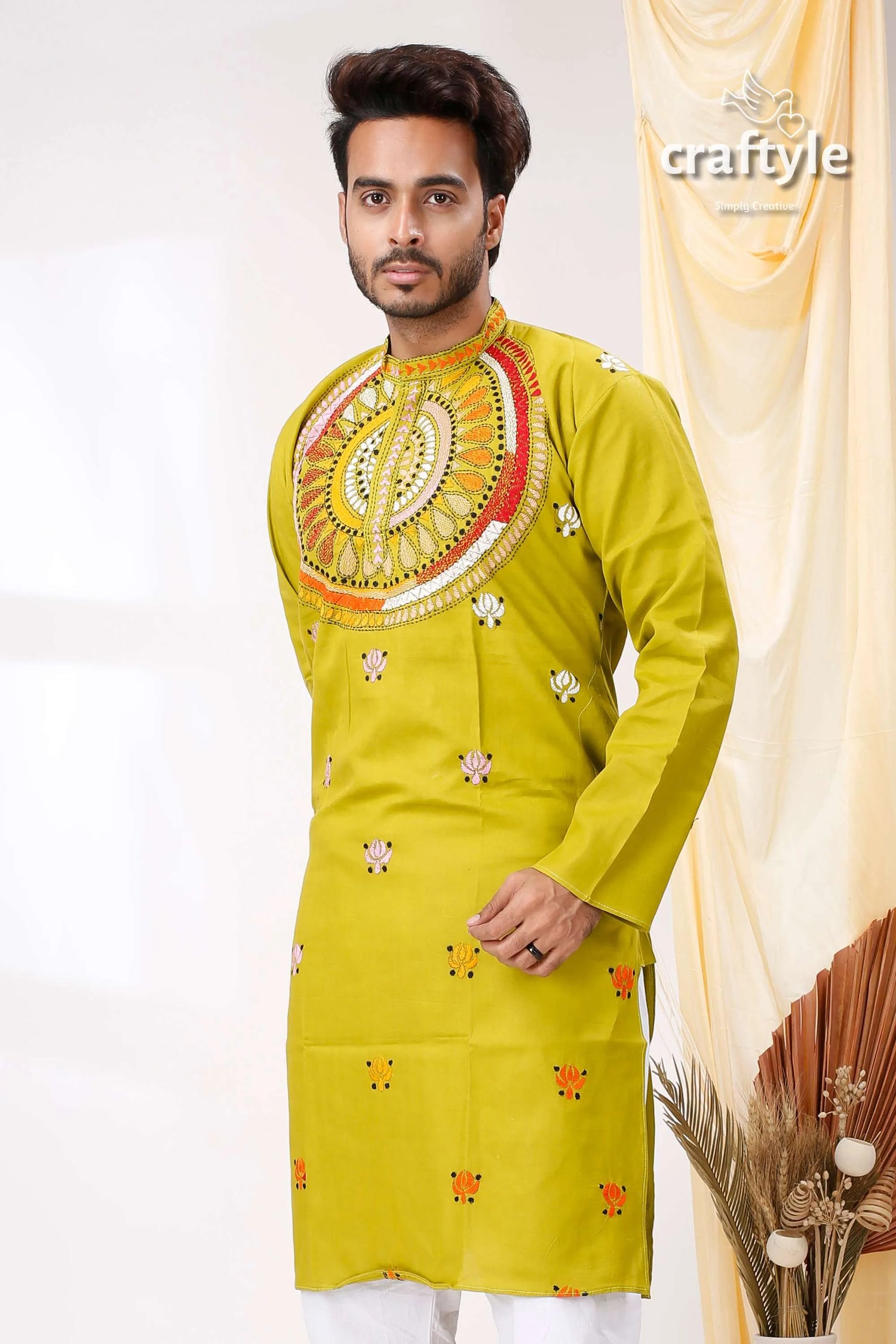 Acid green multicolor thread kantha work cotton kurta for men vibrant lime intricate 2