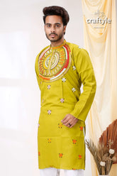 Acid green multicolor thread kantha work cotton kurta for men vibrant lime intricate 2