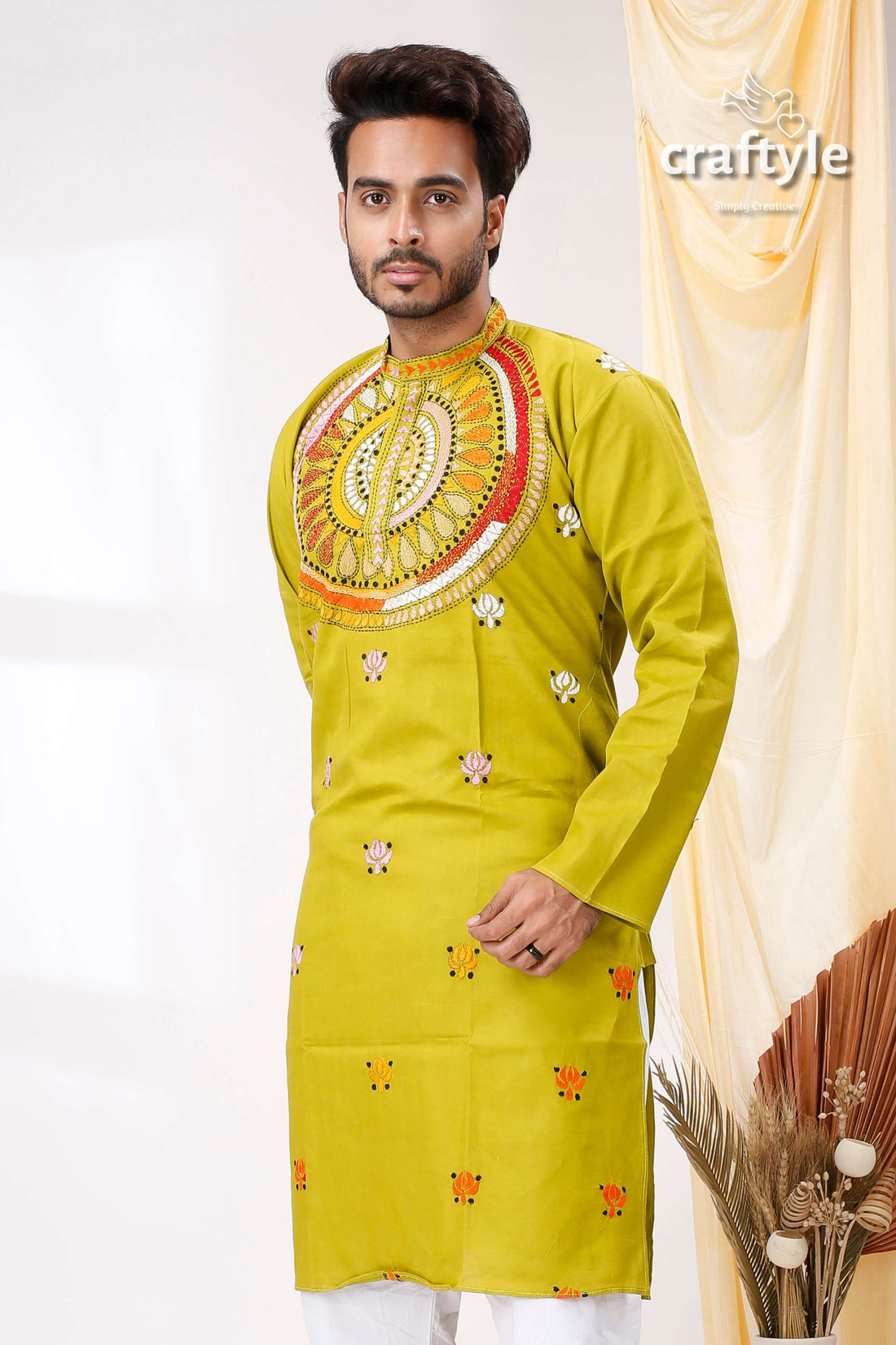 Acid Green Multicolor Thread Kantha Work Cotton Kurta for Men - Craftyle