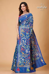 Aegean Blue Floral Design Silk Kantha Stitch Saree-Craftyle