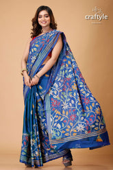 Aegean Blue Floral Design Silk Kantha Stitch Saree-Craftyle