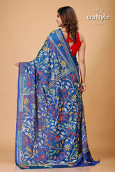 Aegean Blue Floral Design Silk Kantha Stitch Saree-Craftyle