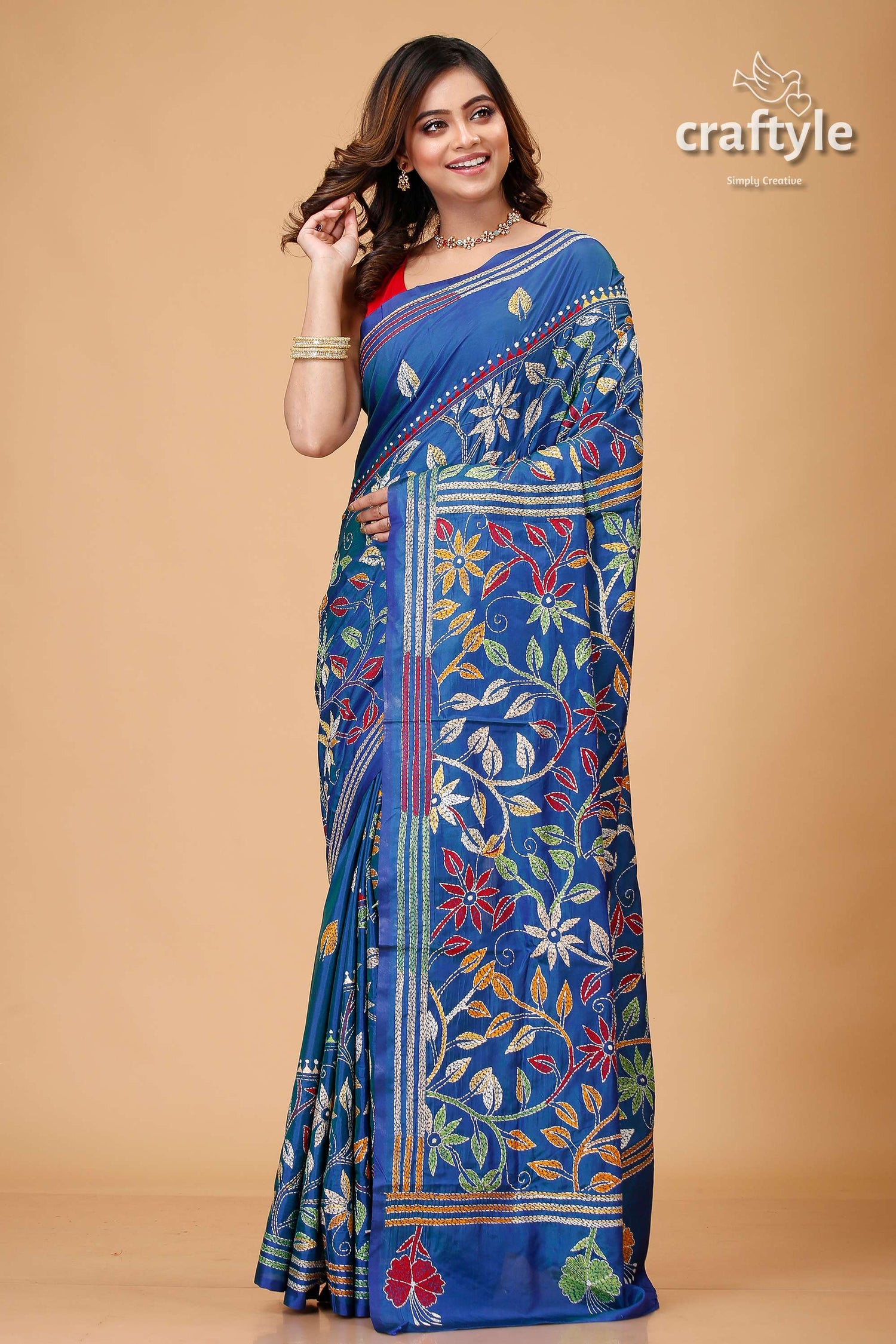 Aegean Blue Floral Design Silk Kantha Stitch Saree-Craftyle