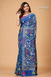 Aegean Blue Floral Design Silk Kantha Stitch Saree-Craftyle