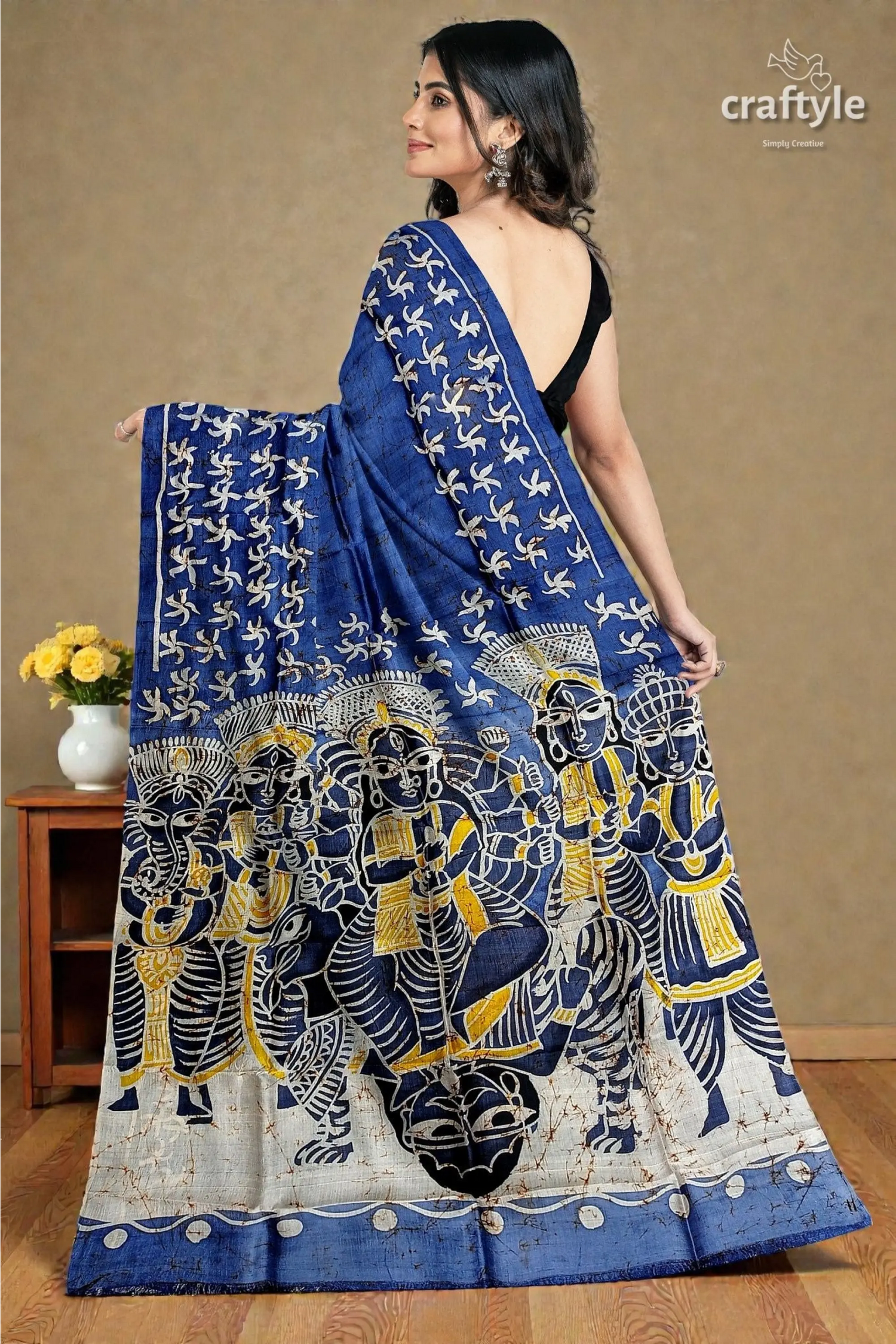 Aegean blue goddess painted hand batik mulberry pure silk durga puja saree 4