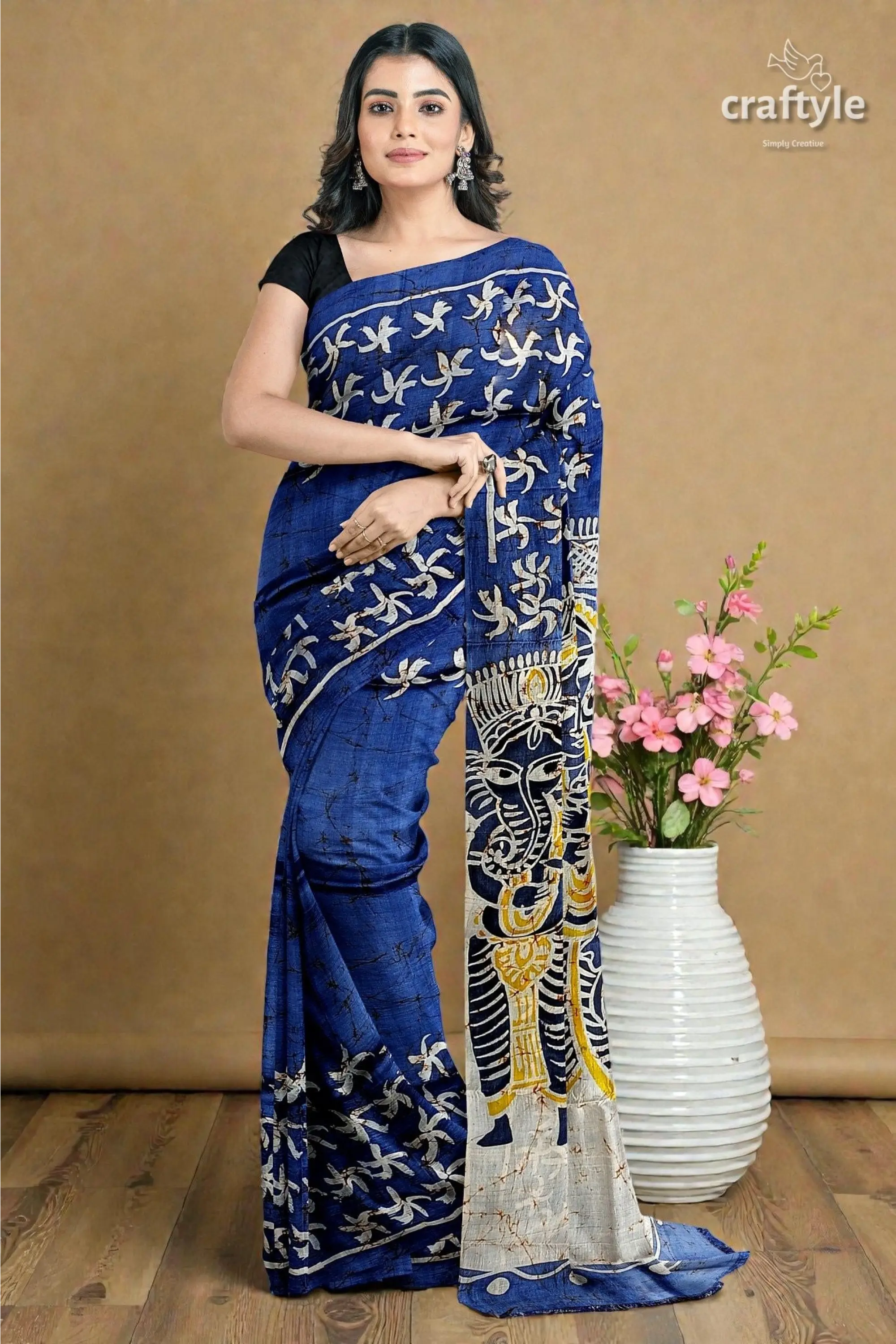 Aegean blue goddess painted hand batik mulberry pure silk durga puja saree 5