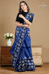 Aegean blue goddess painted hand batik mulberry pure silk durga puja saree 2