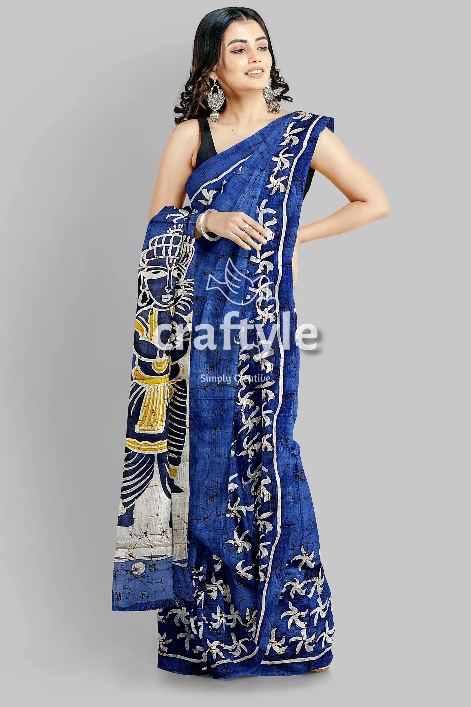 Aegean blue goddess painted hand batik mulberry pure silk durga puja saree blue batik saree figure floral 3