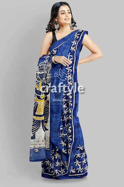 Aegean blue goddess painted hand batik mulberry pure silk durga puja saree blue batik saree figure floral 3