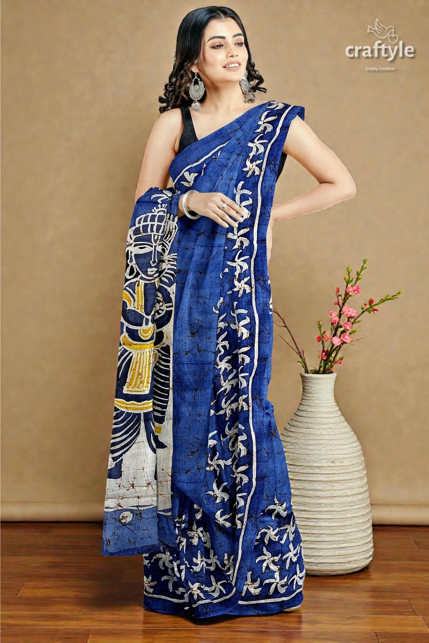 Aegean blue goddess painted hand batik mulberry pure silk durga puja saree 3