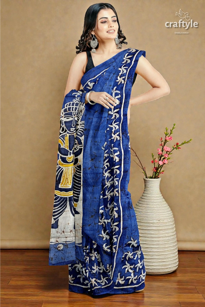 Aegean blue goddess painted hand batik mulberry pure silk durga puja saree 3