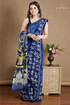 Aegean blue goddess painted hand batik mulberry pure silk durga puja saree 1