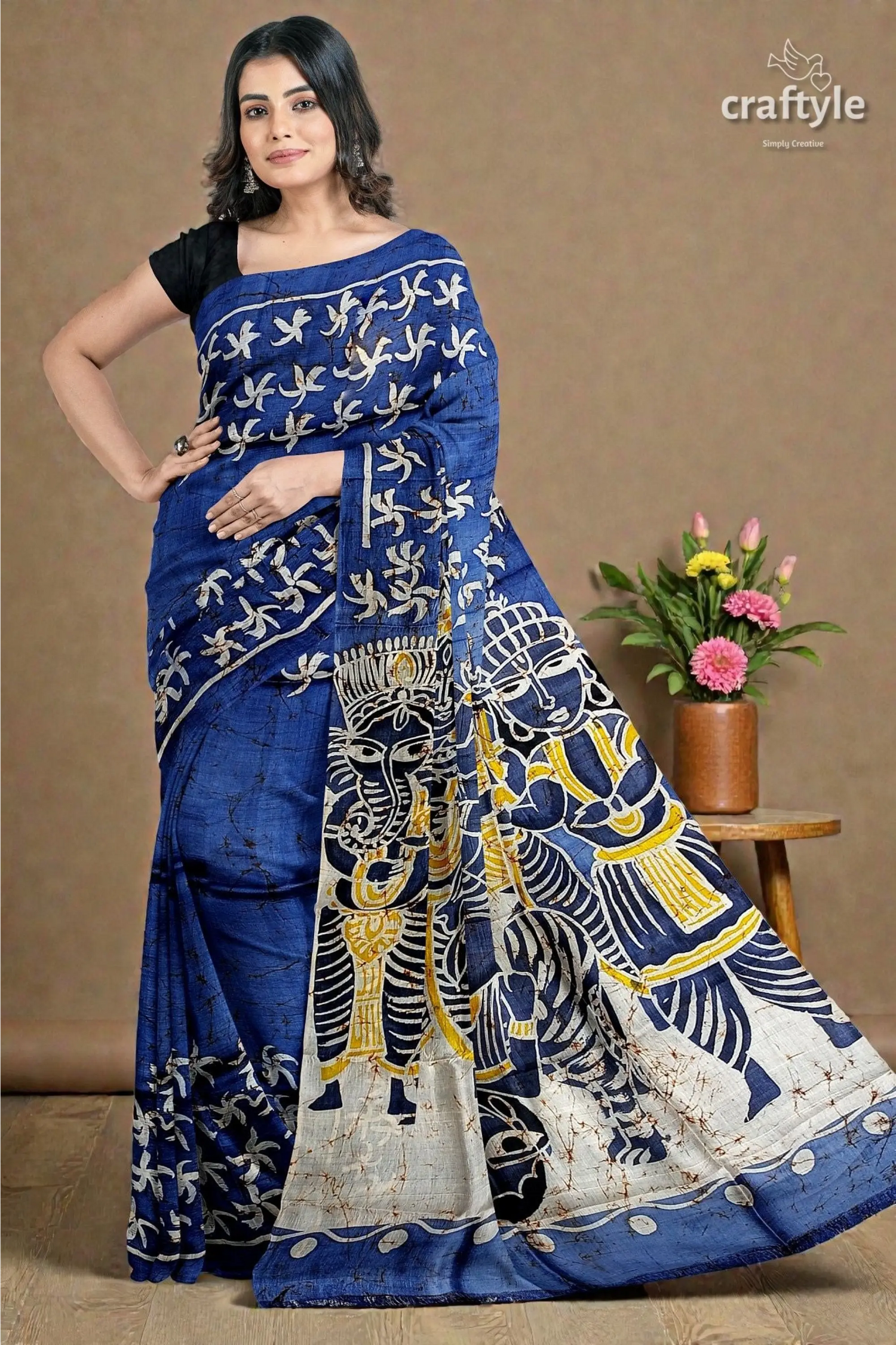 Aegean blue goddess painted hand batik mulberry pure silk durga puja saree 6