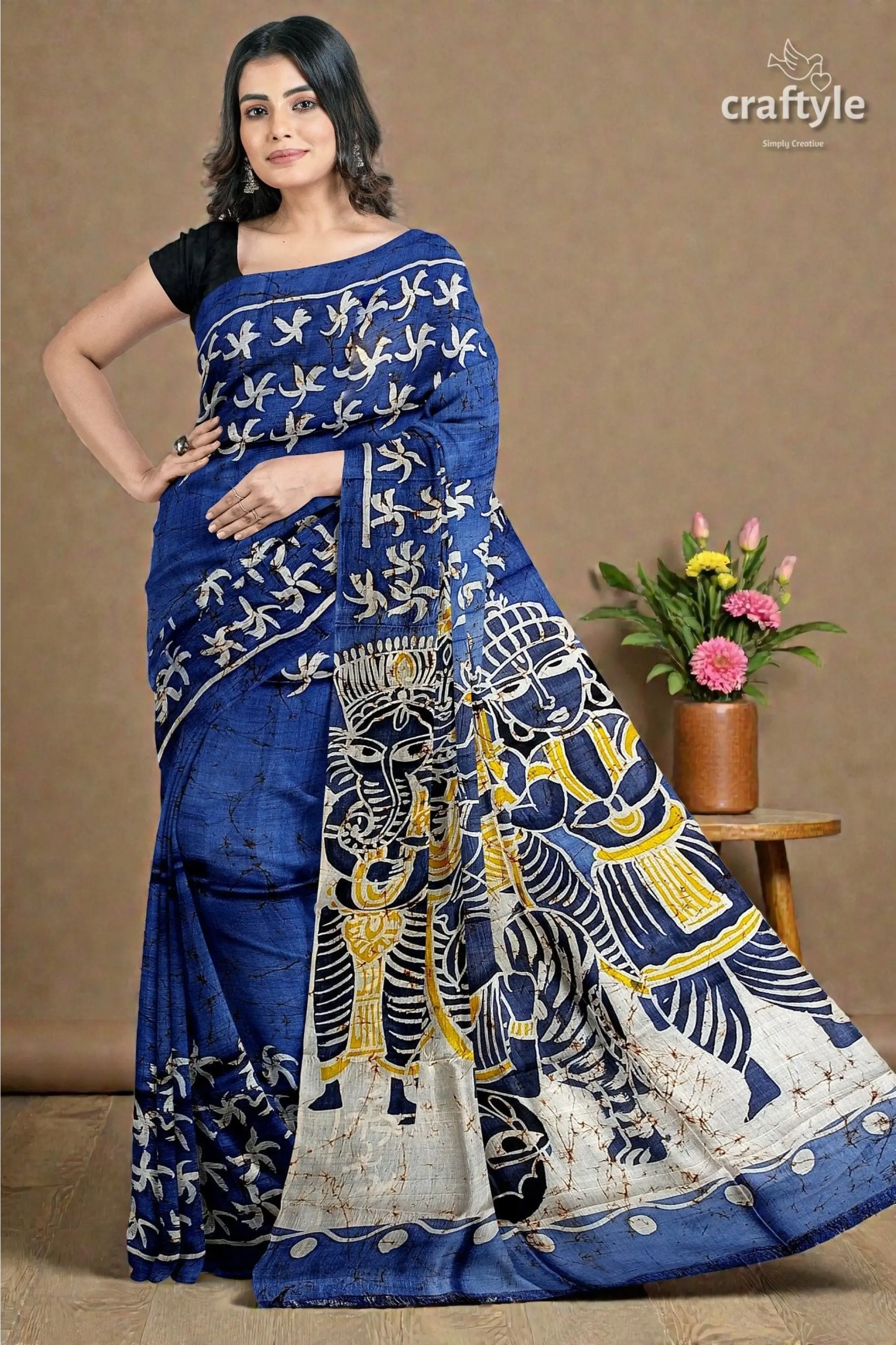 Aegean blue goddess painted hand batik mulberry pure silk durga puja saree 6