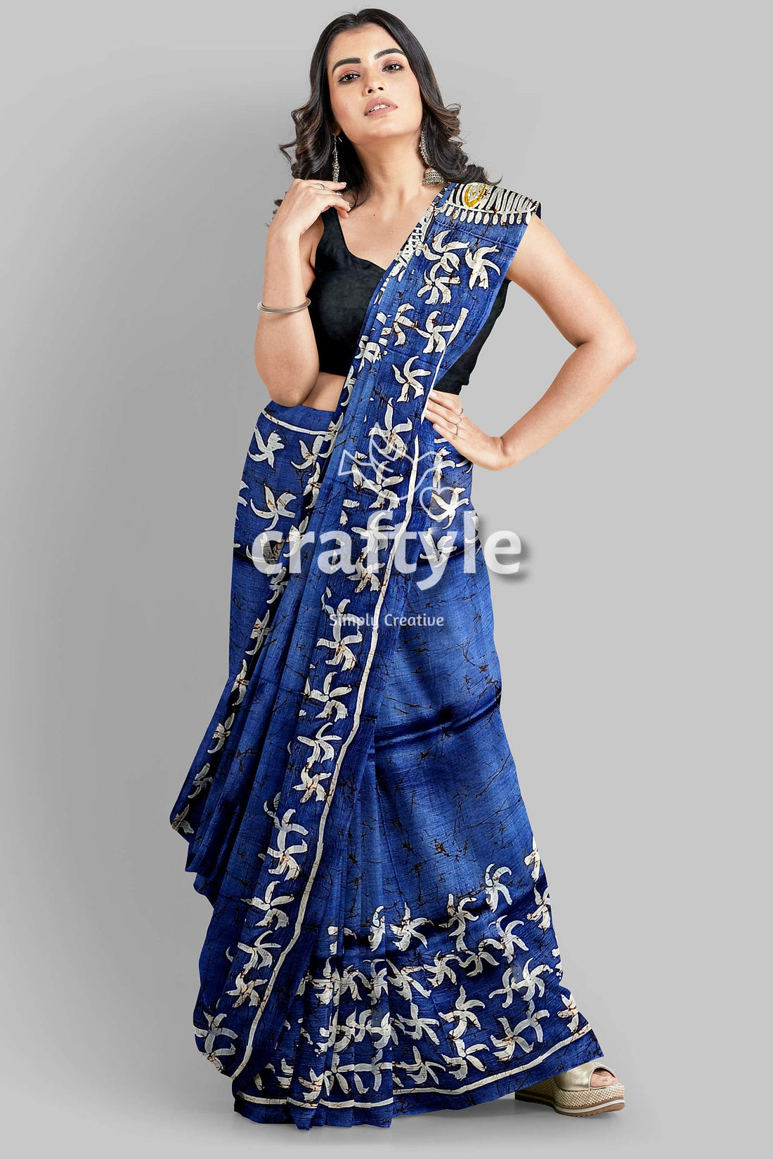 Aegean Blue Goddess Painted Hand Batik Mulberry Pure Silk Durga Puja Saree - Craftyle