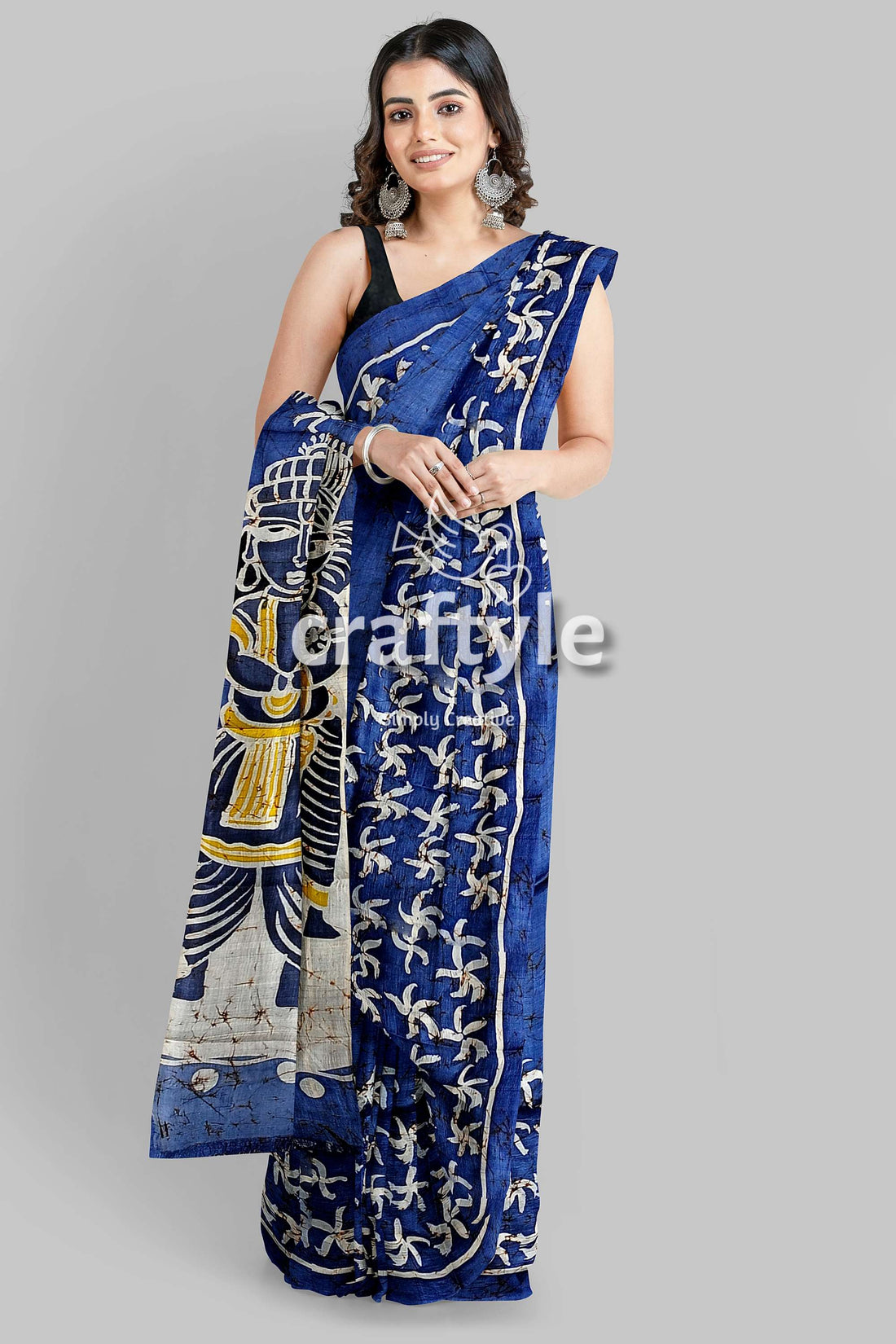 Aegean Blue Goddess Painted Hand Batik Mulberry Pure Silk Durga Puja Saree - Craftyle