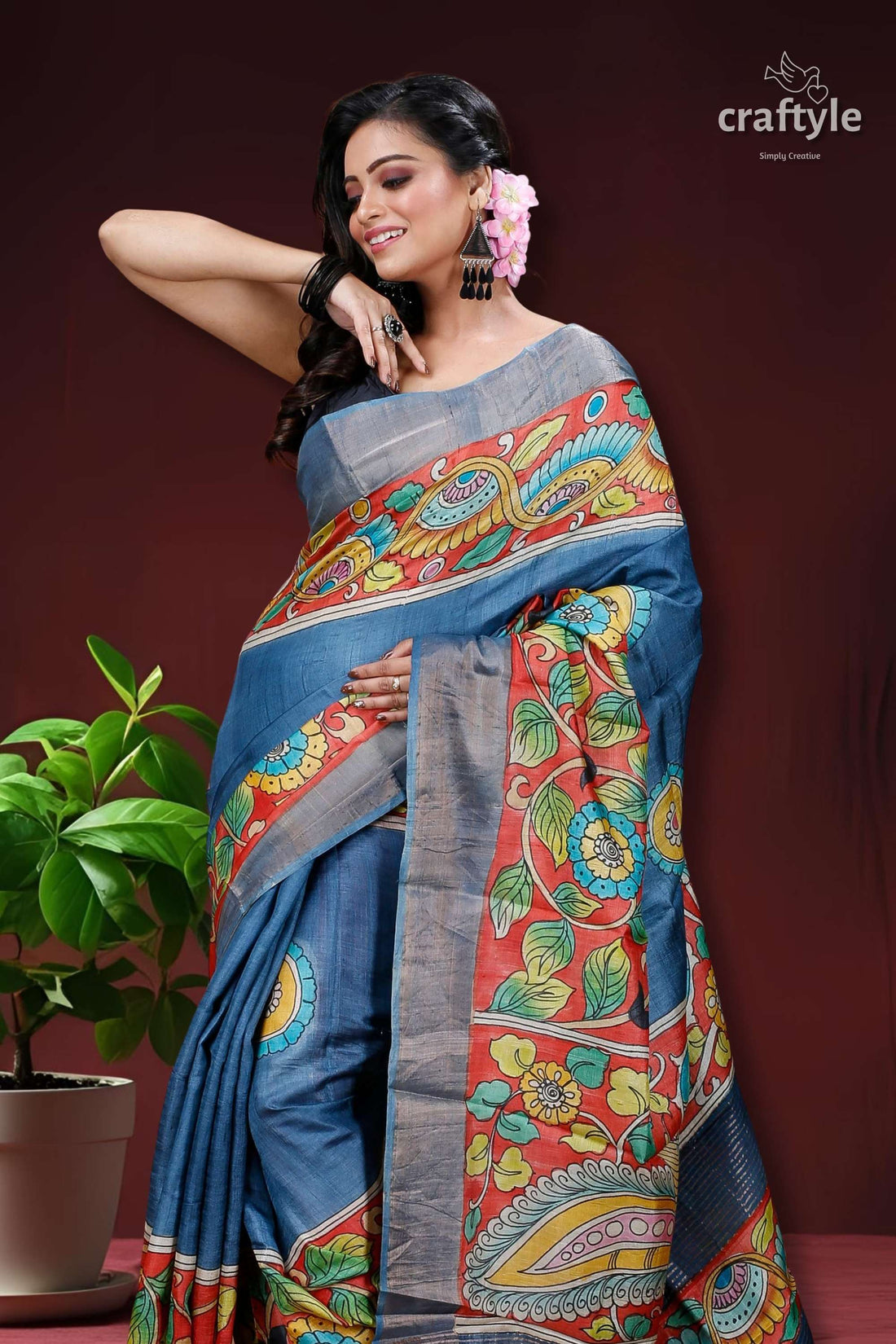 Aegean Blue Hand Painted Zari Border Pure Tussar Kalamkari Sari-Craftyle