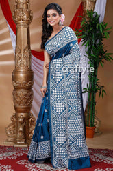 Aegean Blue Handcrafted Kantha Stitch Silk Sari-Craftyle