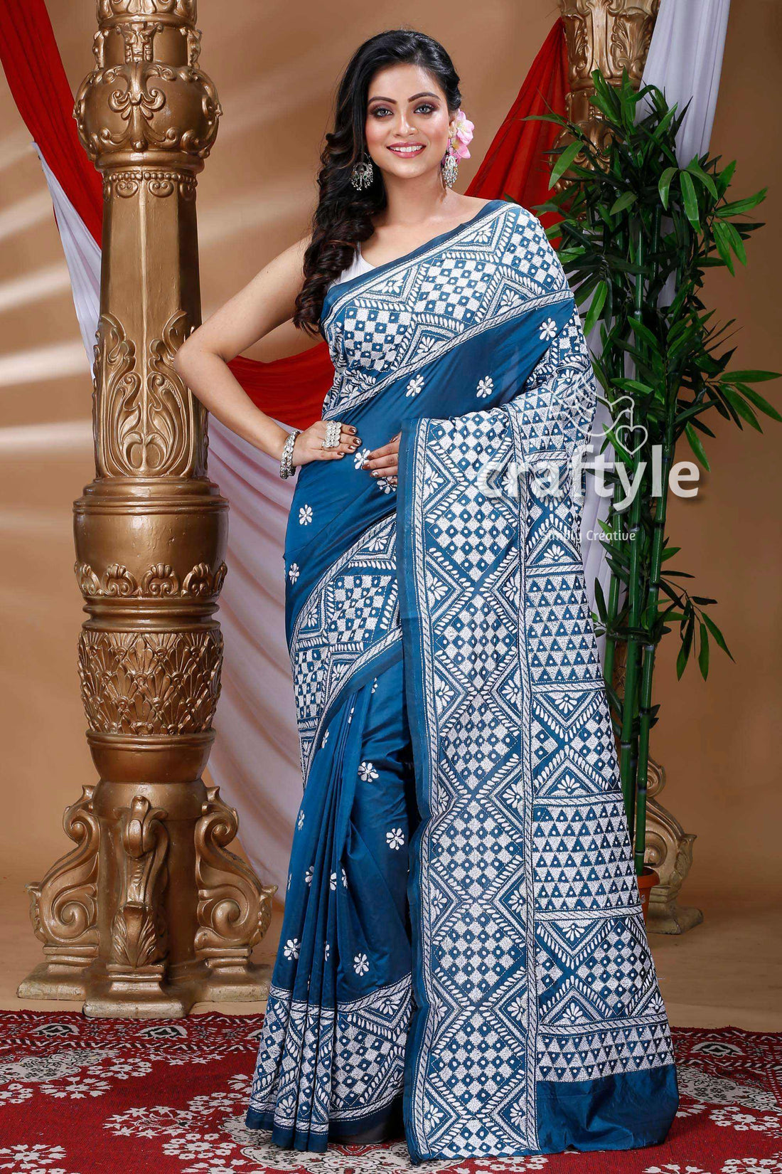 Aegean Blue Handcrafted Kantha Stitch Silk Sari-Craftyle