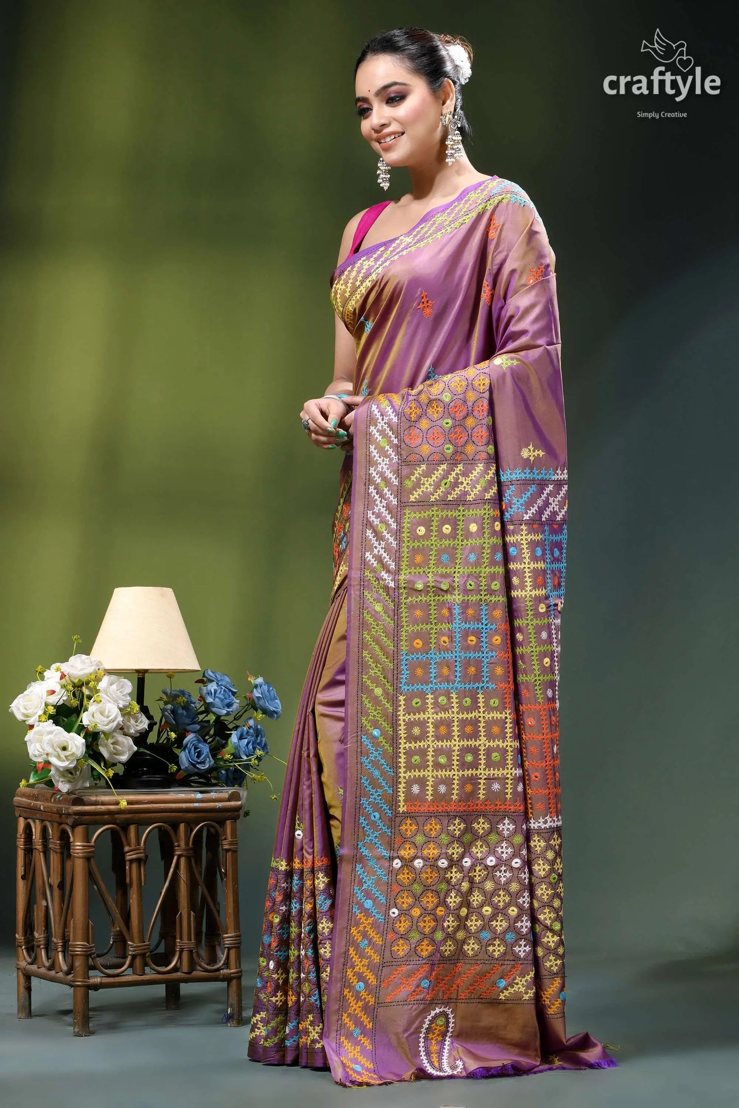 African violet multicolor kutch embroidered silk saree - mirror work woman wears richly embroidered purple 3
