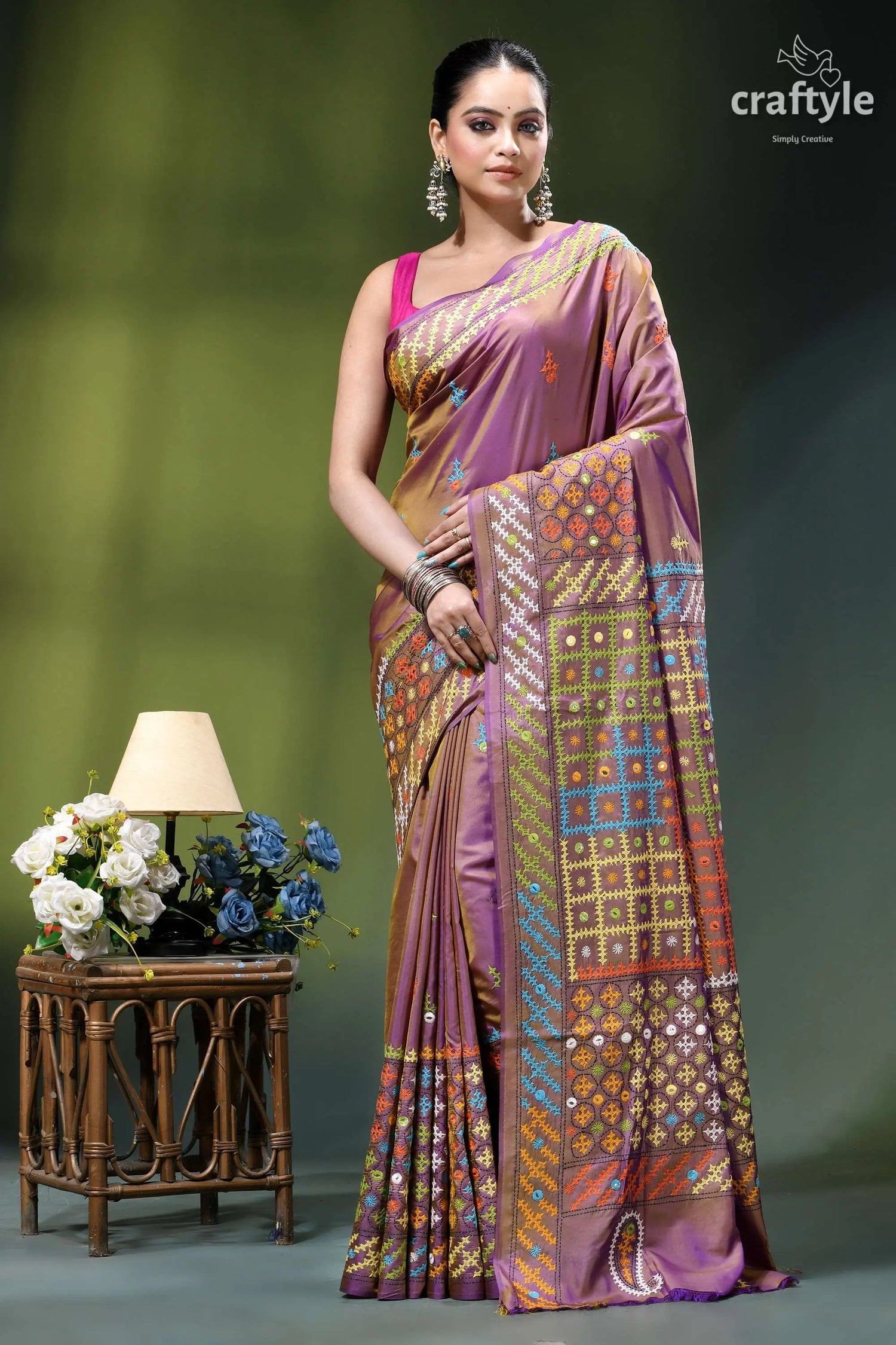African violet multicolor kutch embroidered silk saree - mirror work woman wears vibrant purple silk 1