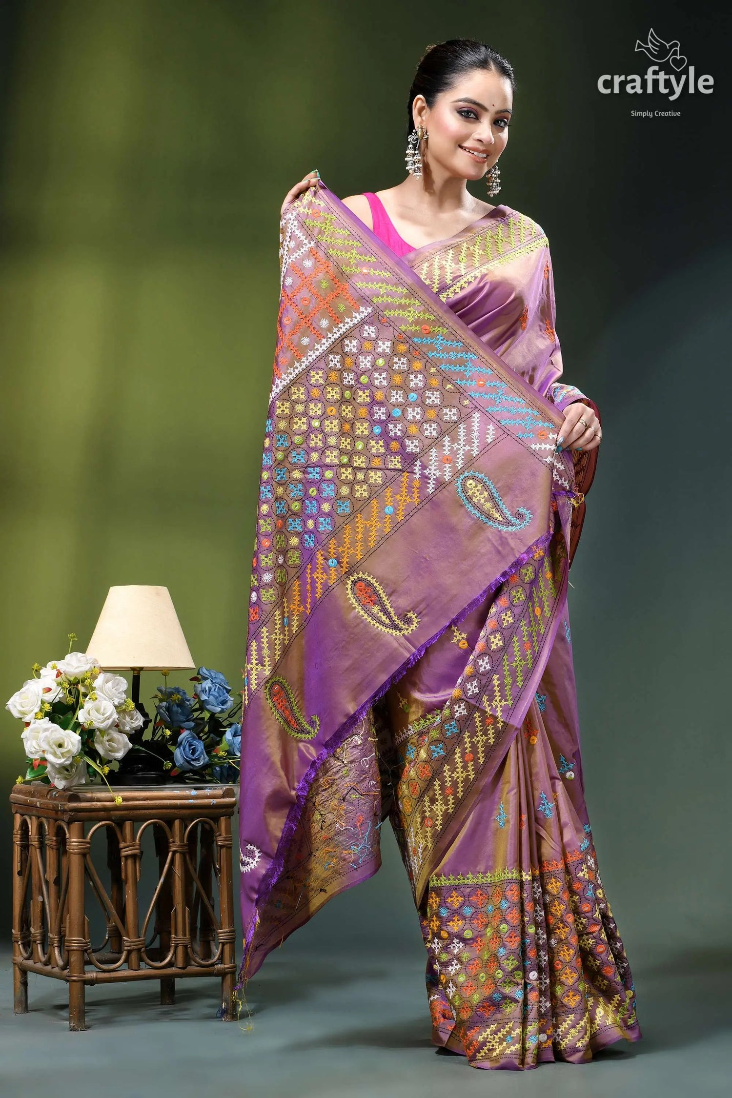 African violet multicolor kutch embroidered silk saree - mirror work woman wears vibrant purple silk 5